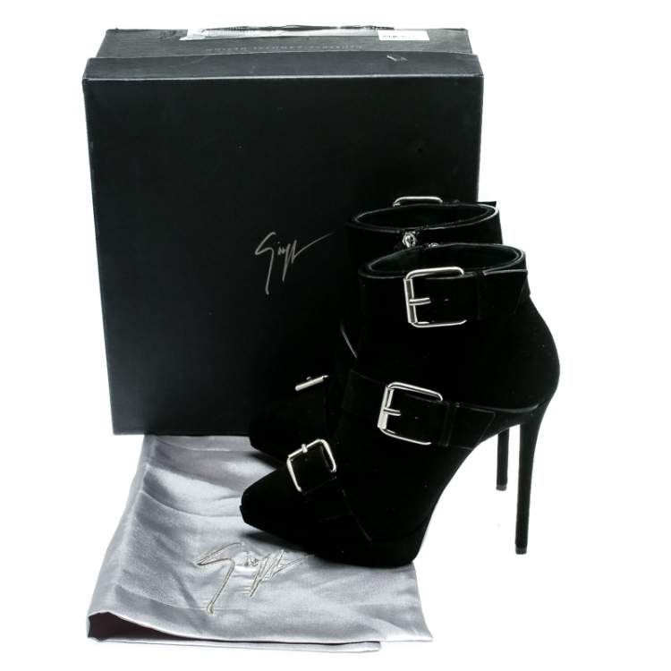 Pre Owned Giuseppe Zanotti Black Buckled Suede Platform Ankle Boots Size 38