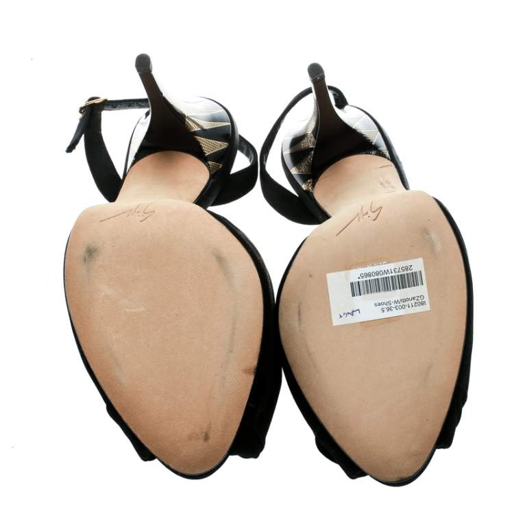 Pre Owned Giuseppe Zanotti Black Satin Peep Toe Slingback Sandals Size 36.5