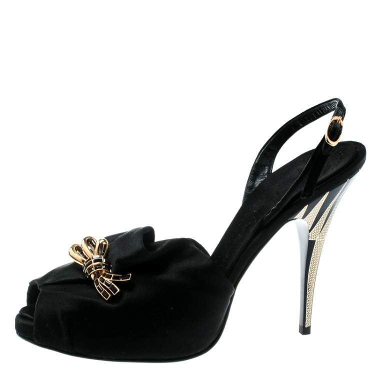 Pre Owned Giuseppe Zanotti Black Satin Peep Toe Slingback Sandals Size 36.5