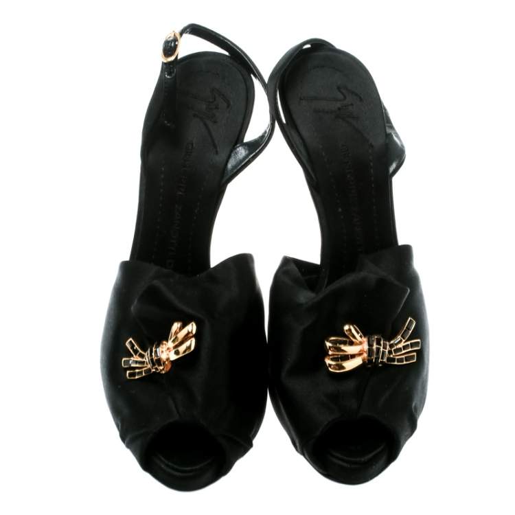 Pre Owned Giuseppe Zanotti Black Satin Peep Toe Slingback Sandals Size 36.5