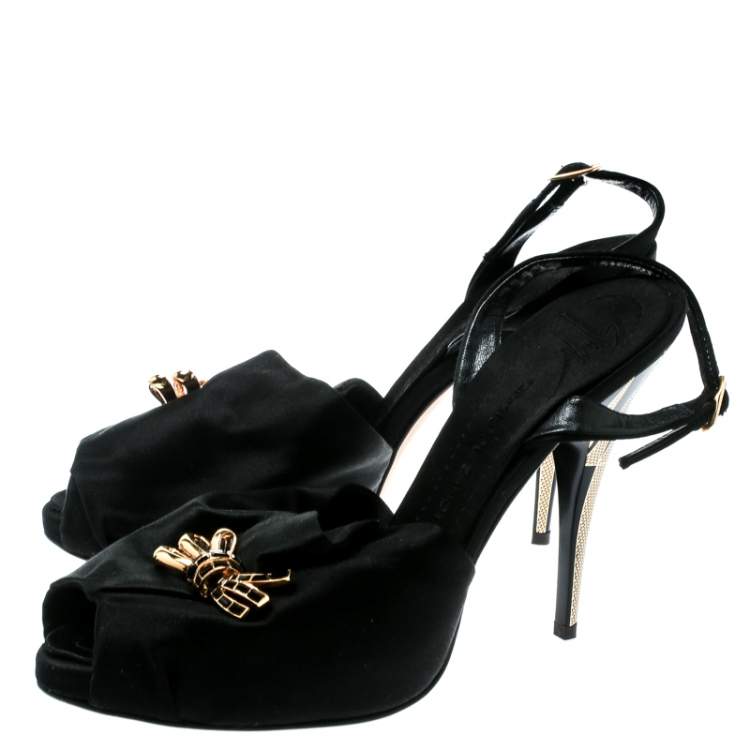 Pre Owned Giuseppe Zanotti Black Satin Peep Toe Slingback Sandals Size 36.5