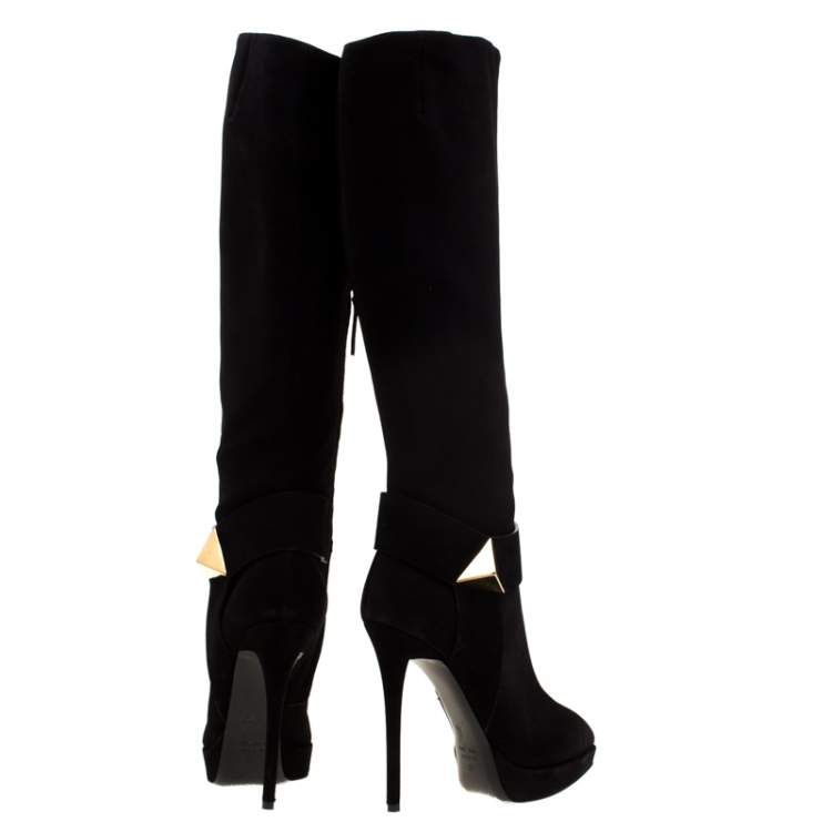 Pre Owned Giuseppe Zanotti Brown Suede Pyramid Stud Platform Knee Boots Size 37