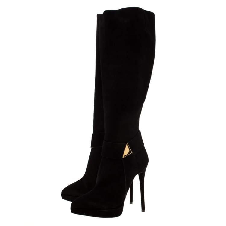 Pre Owned Giuseppe Zanotti Brown Suede Pyramid Stud Platform Knee Boots Size 37