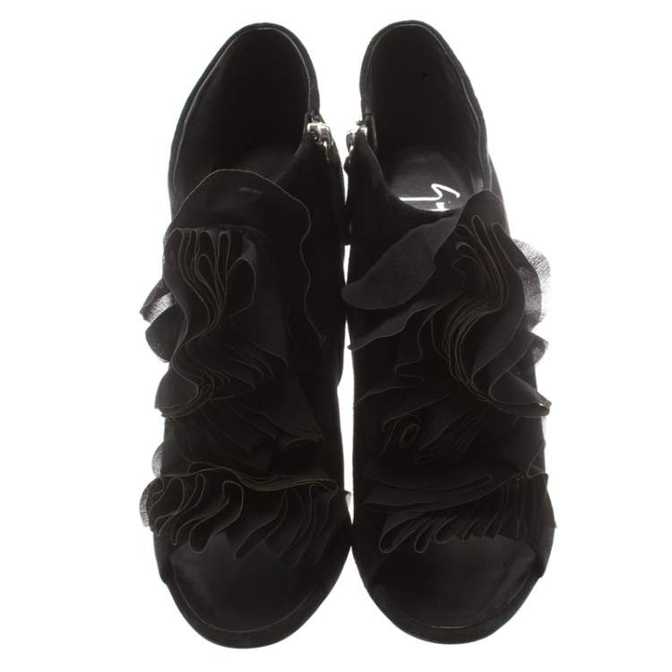Pre Owned Giuseppe Zanotti Black Suede Peep Toe Silk Ruffle Detail Ankle Booties Size 40.5