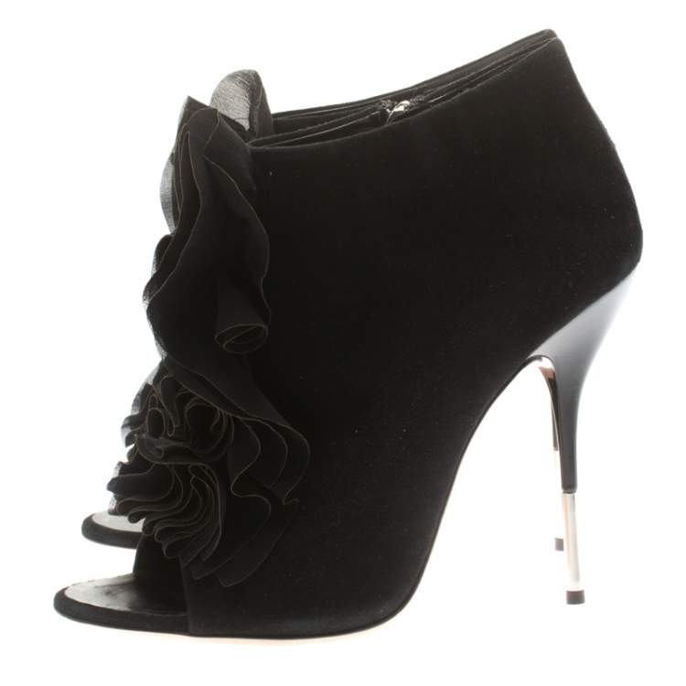 Pre Owned Giuseppe Zanotti Black Suede Peep Toe Silk Ruffle Detail Ankle Booties Size 40.5