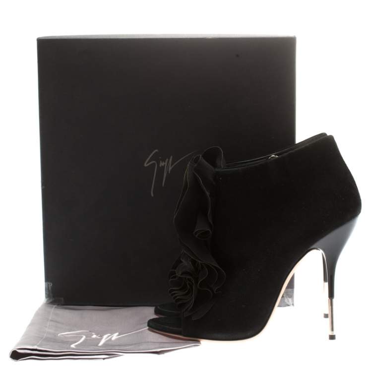 Pre Owned Giuseppe Zanotti Black Suede Peep Toe Silk Ruffle Detail Ankle Booties Size 40.5