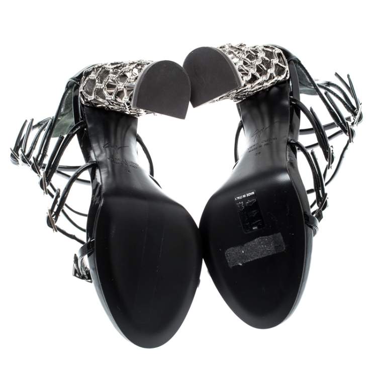 Pre Owned Giuseppe Zanotti Black Patent Leather Lauren Metal Cage Heel Strappy Sandals Size 36
