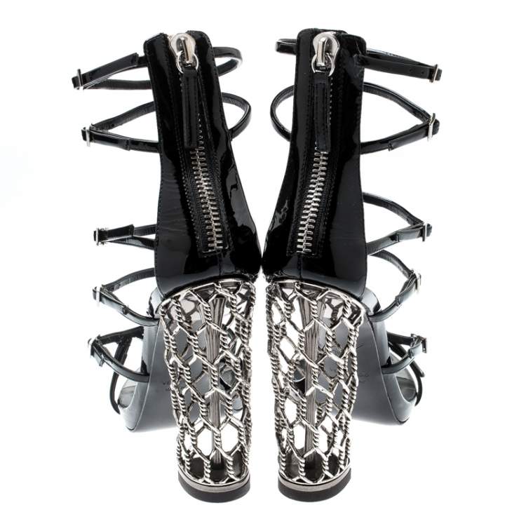 Pre Owned Giuseppe Zanotti Black Patent Leather Lauren Metal Cage Heel Strappy Sandals Size 36