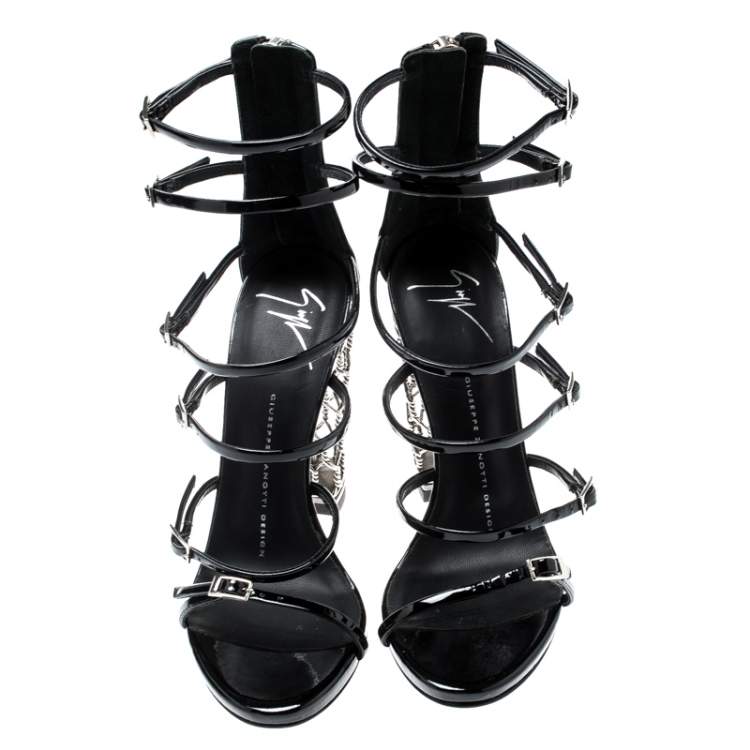 Pre Owned Giuseppe Zanotti Black Patent Leather Lauren Metal Cage Heel Strappy Sandals Size 36