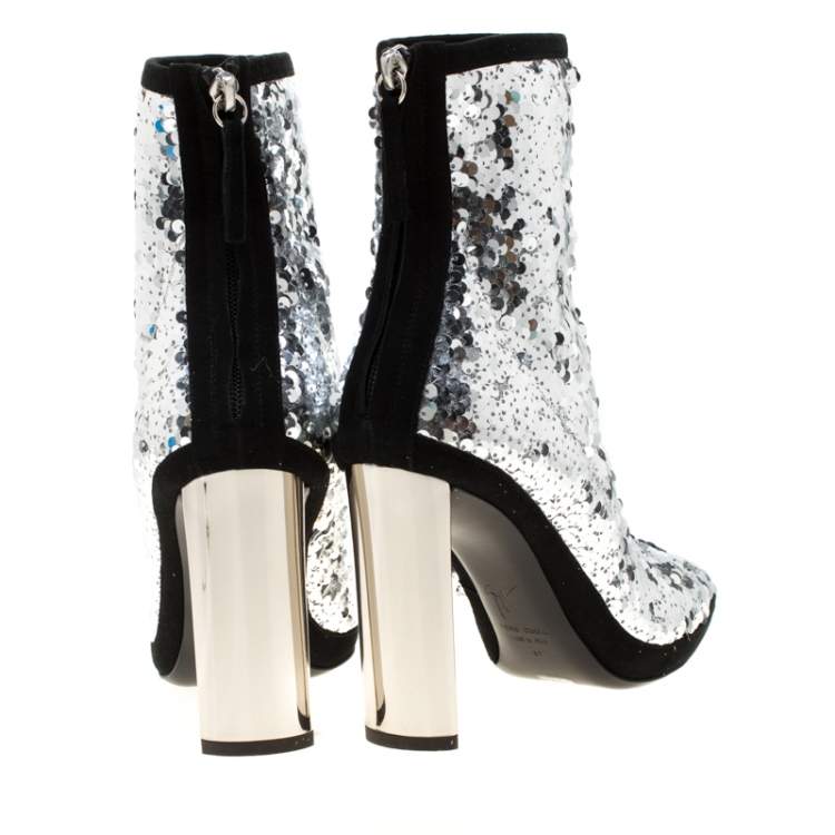 Pre Owned Giuseppe Zanotti Metallic Silver Sequin Stretch Ankle Boots Size 37