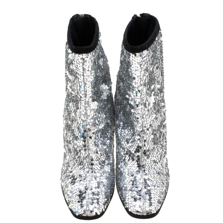 Pre Owned Giuseppe Zanotti Metallic Silver Sequin Stretch Ankle Boots Size 37