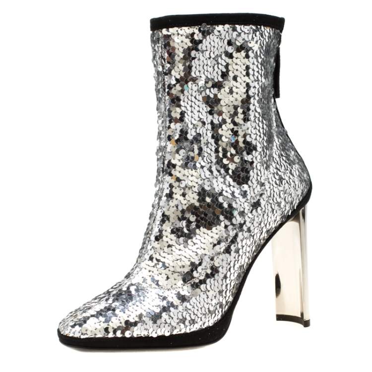 Pre Owned Giuseppe Zanotti Metallic Silver Sequin Stretch Ankle Boots Size 37