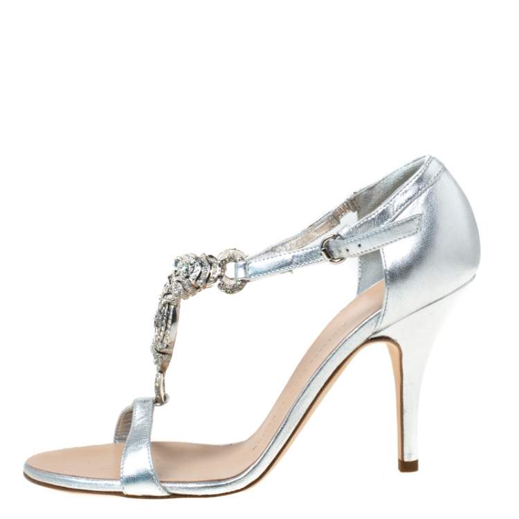 Pre Owned Giuseppe Zanotti Metallic Silver Leather Crystal Embellished Open Toe Sandals Size 37.5