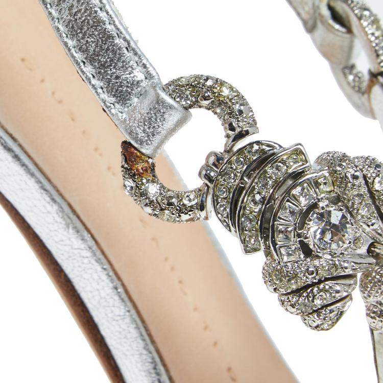 Pre Owned Giuseppe Zanotti Metallic Silver Leather Crystal Embellished Open Toe Sandals Size 37.5