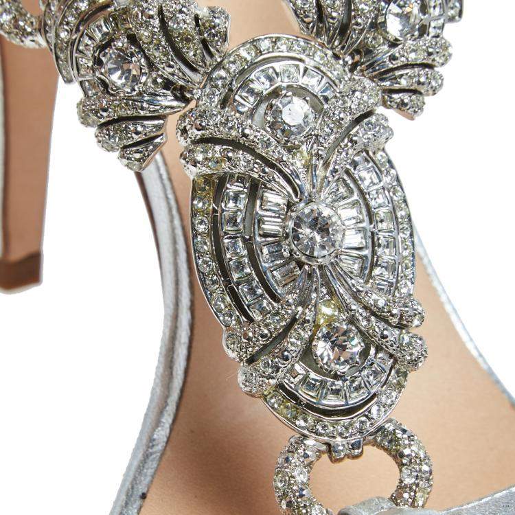 Pre Owned Giuseppe Zanotti Metallic Silver Leather Crystal Embellished Open Toe Sandals Size 37.5