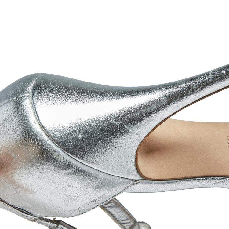 Pre Owned Giuseppe Zanotti Metallic Silver Leather Crystal Embellished Open Toe Sandals Size 37.5