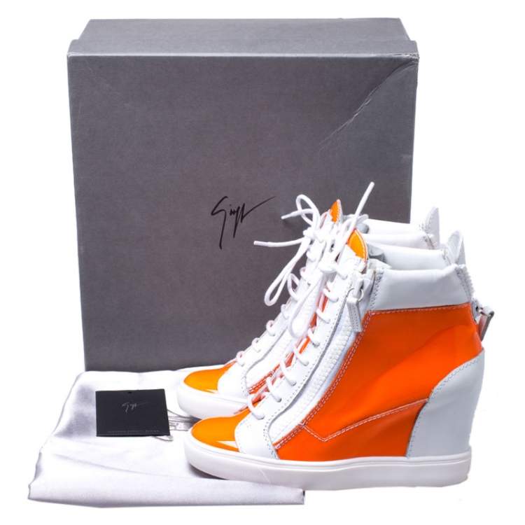 Pre Owned Giuseppe Zanotti Orange/White Patent Leather Hidden Wedge Sneakers Size 38.5