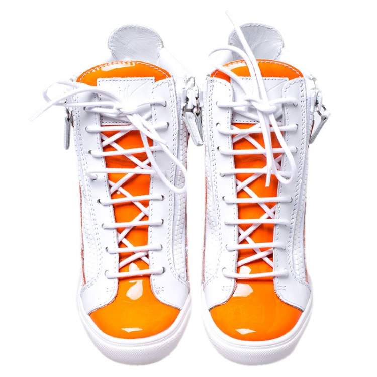 Pre Owned Giuseppe Zanotti Orange/White Patent Leather Hidden Wedge Sneakers Size 38.5