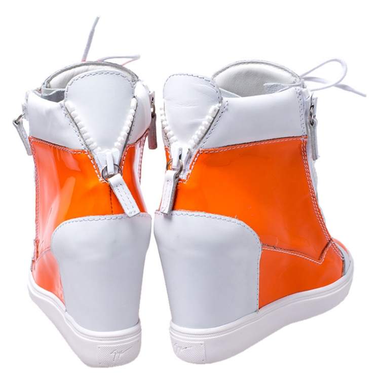 Pre Owned Giuseppe Zanotti Orange/White Patent Leather Hidden Wedge Sneakers Size 38.5