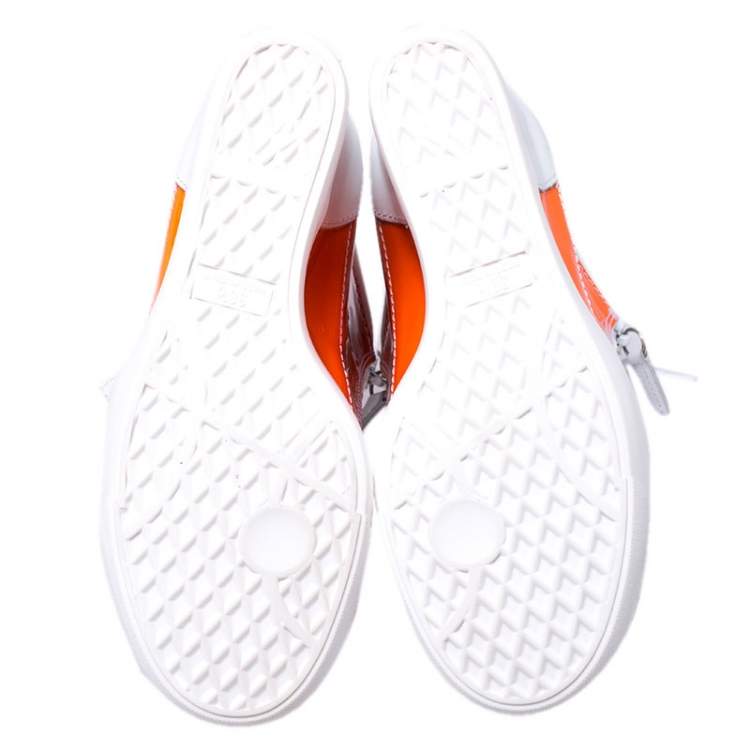 Pre Owned Giuseppe Zanotti Orange/White Patent Leather Hidden Wedge Sneakers Size 38.5