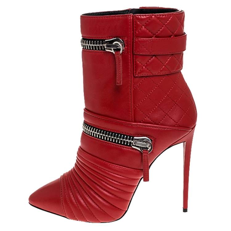 Pre Owned Giuseppe Zanotti Red Quilted Leather Double Zip Accent Booties Size 39