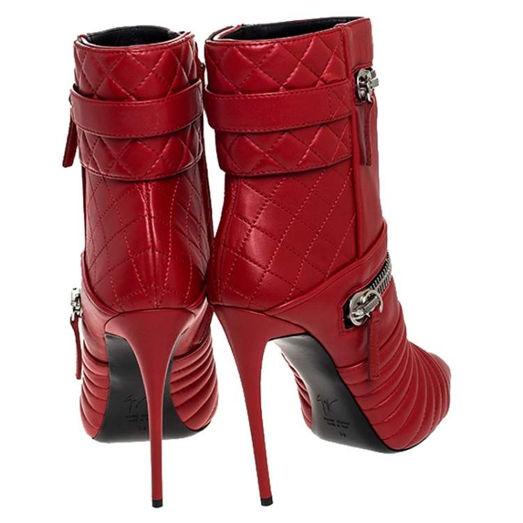 Pre Owned Giuseppe Zanotti Red Quilted Leather Double Zip Accent Booties Size 39