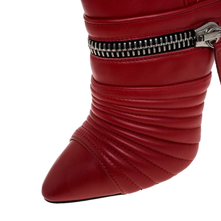 Pre Owned Giuseppe Zanotti Red Quilted Leather Double Zip Accent Booties Size 39