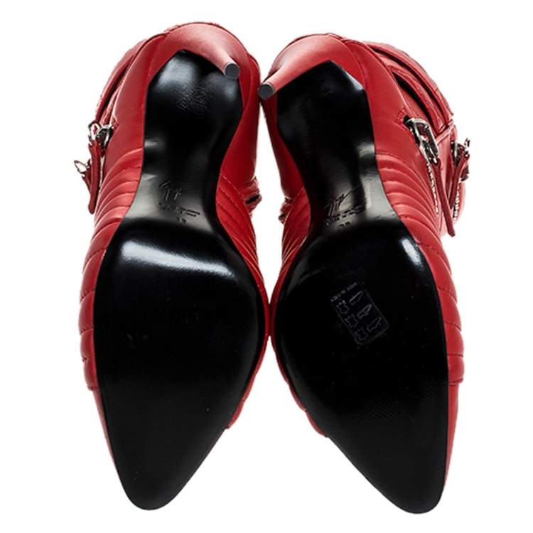 Pre Owned Giuseppe Zanotti Red Quilted Leather Double Zip Accent Booties Size 39