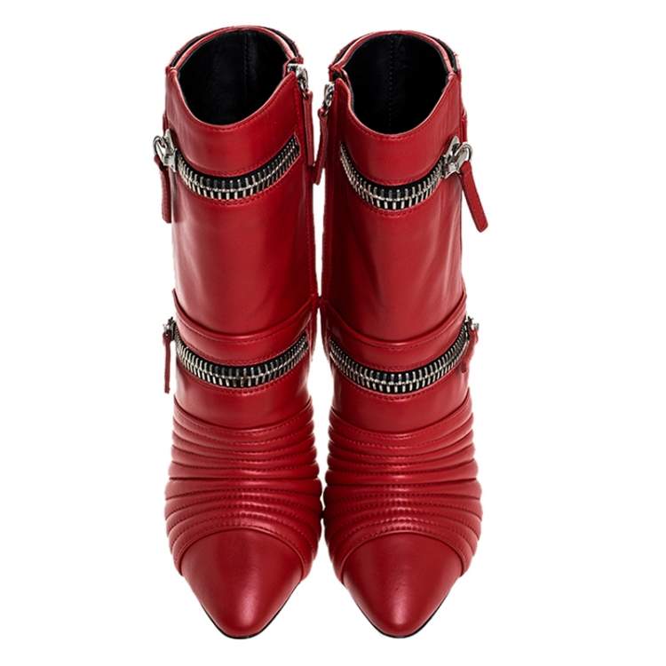 Pre Owned Giuseppe Zanotti Red Quilted Leather Double Zip Accent Booties Size 39