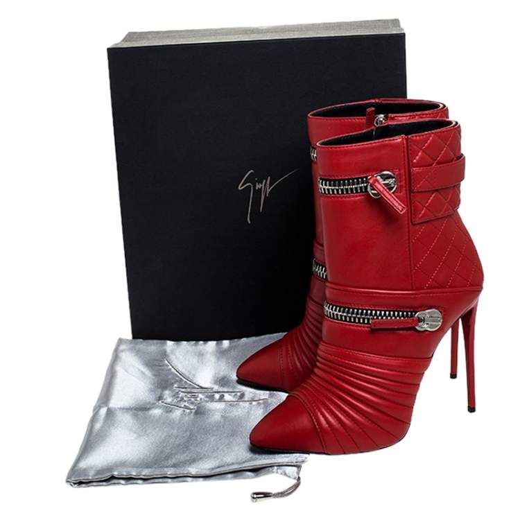 Pre Owned Giuseppe Zanotti Red Quilted Leather Double Zip Accent Booties Size 39