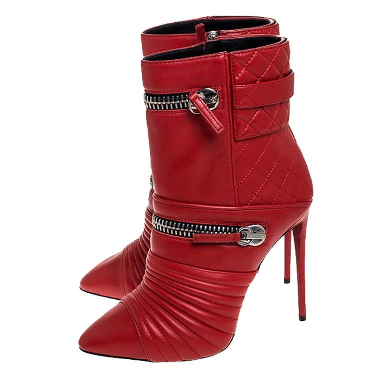 Pre Owned Giuseppe Zanotti Red Quilted Leather Double Zip Accent Booties Size 39