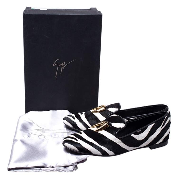 Pre Owned  Giuseppe Zanotti Zebra Print Calfhair Shark Tooth Smoking Slippers Size 40