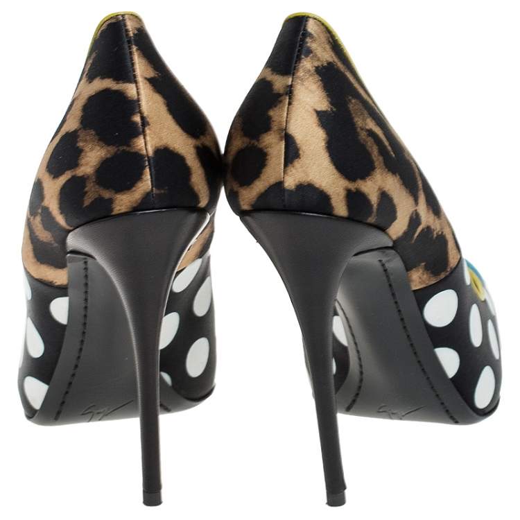Giuseppe Zanotti Multicolor Leopard/Polka Dots Satin and Patent Leather Yvette Pointed Toe Pumps 40