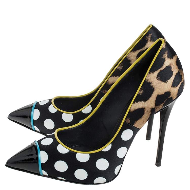 Pre Owned Giuseppe Zanotti Multicolor Leopard/Polka Dots Satin and Patent Leather Yvette Pointed Toe Pumps 37