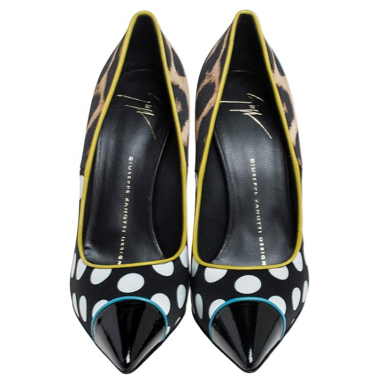 Pre Owned Giuseppe Zanotti Multicolor Leopard/Polka Dots Satin and Patent Leather Yvette Pointed Toe Pumps 37