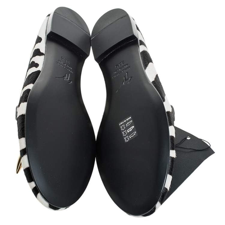 Pre Owned  Giuseppe Zanotti Zebra Print Calfhair Lucia Shark Tooth Smoking Slippers Size 38.5
