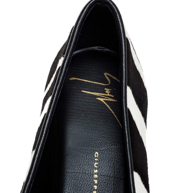 Pre Owned  Giuseppe Zanotti Zebra Print Calfhair Lucia Shark Tooth Smoking Slippers Size 38.5