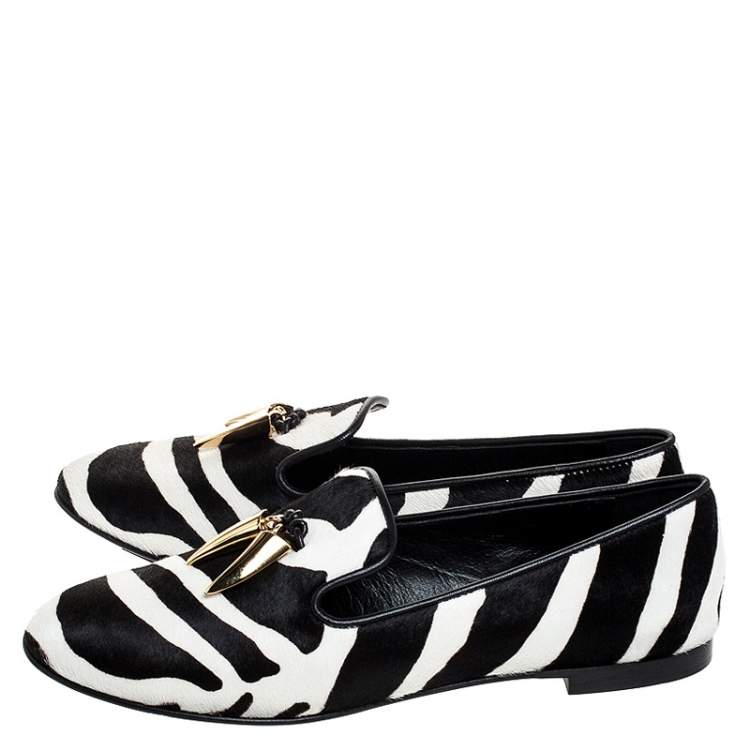 Pre Owned  Giuseppe Zanotti Zebra Print Calfhair Lucia Shark Tooth Smoking Slippers Size 38.5