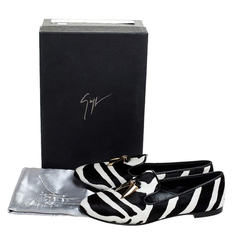 Pre Owned  Giuseppe Zanotti Zebra Print Calfhair Lucia Shark Tooth Smoking Slippers Size 38.5