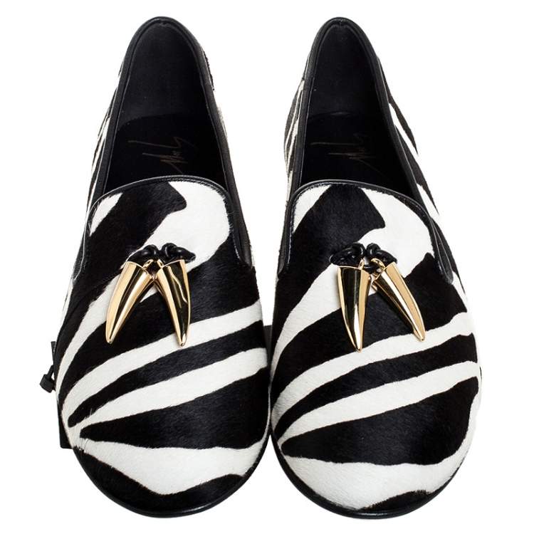 Pre Owned  Giuseppe Zanotti Zebra Print Calfhair Lucia Shark Tooth Smoking Slippers Size 38.5