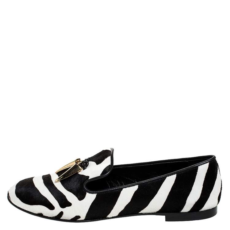 Pre Owned  Giuseppe Zanotti Zebra Print Calfhair Lucia Shark Tooth Smoking Slippers Size 38.5