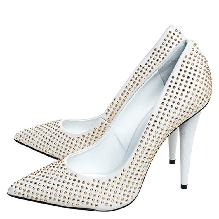 Pre Owned Giuseppe Zanotti White Leather Studded Pointed Toe Pumps Size 38.5