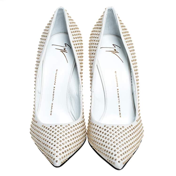 Pre Owned Giuseppe Zanotti White Leather Studded Pointed Toe Pumps Size 38.5