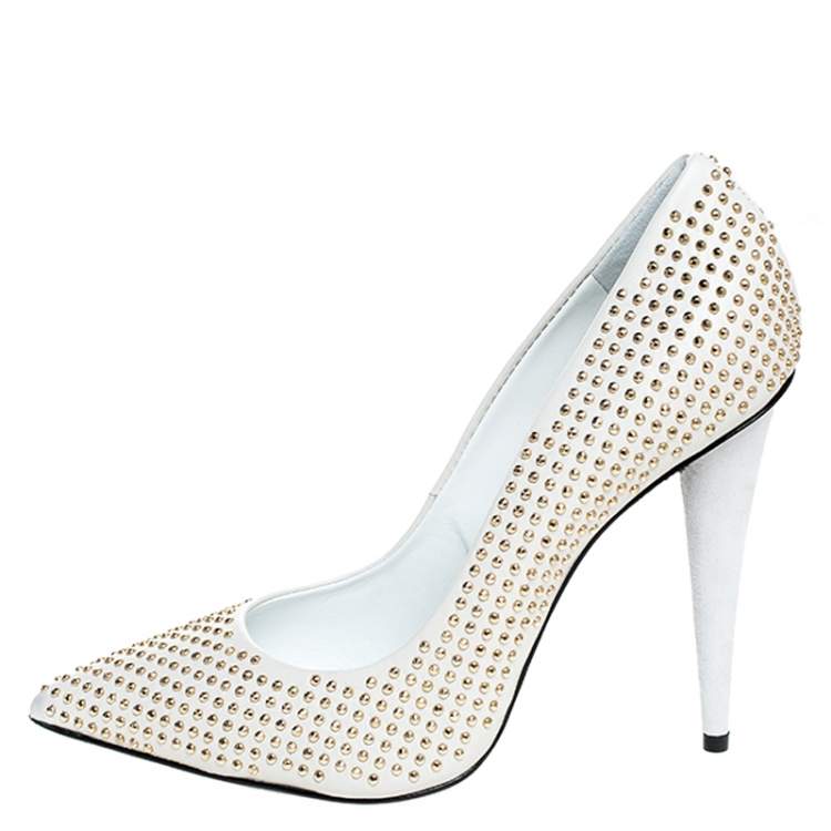 Pre Owned Giuseppe Zanotti White Leather Studded Pointed Toe Pumps Size 38.5