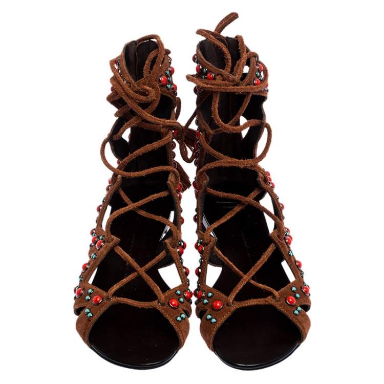 Pre Owned Giuseppe Zanotti Brown Studded Suede Gladiator Flat Sandals Size 38