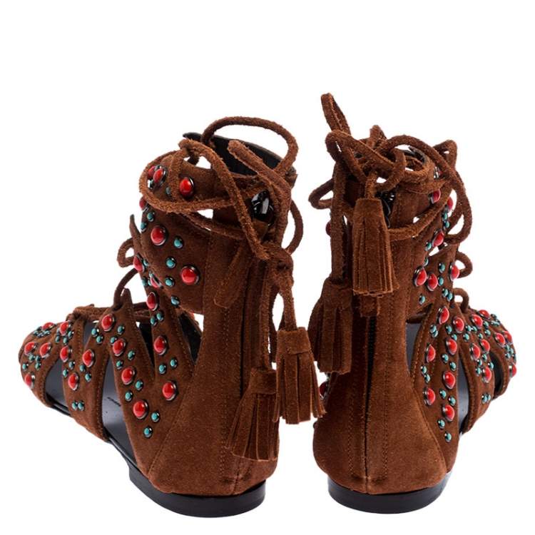 Pre Owned Giuseppe Zanotti Brown Studded Suede Gladiator Flat Sandals Size 38