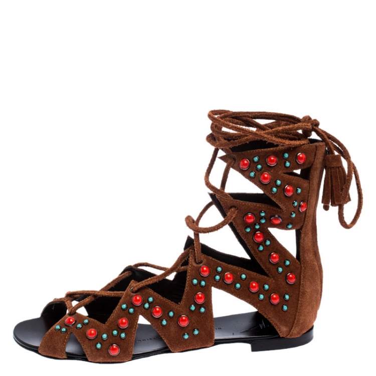 Pre Owned Giuseppe Zanotti Brown Studded Suede Gladiator Flat Sandals Size 38
