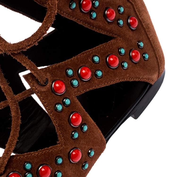 Pre Owned Giuseppe Zanotti Brown Studded Suede Gladiator Flat Sandals Size 38