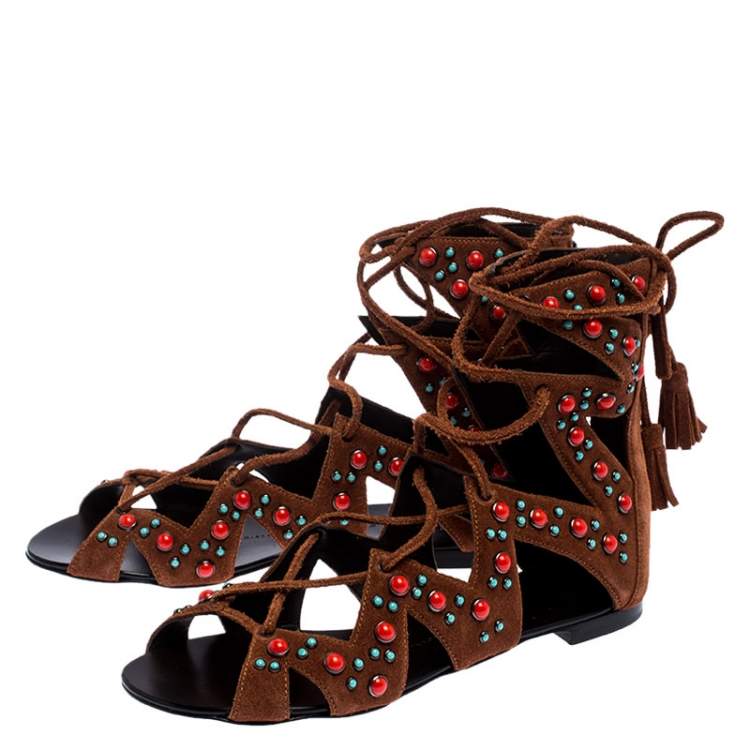 Pre Owned Giuseppe Zanotti Brown Studded Suede Gladiator Flat Sandals Size 38