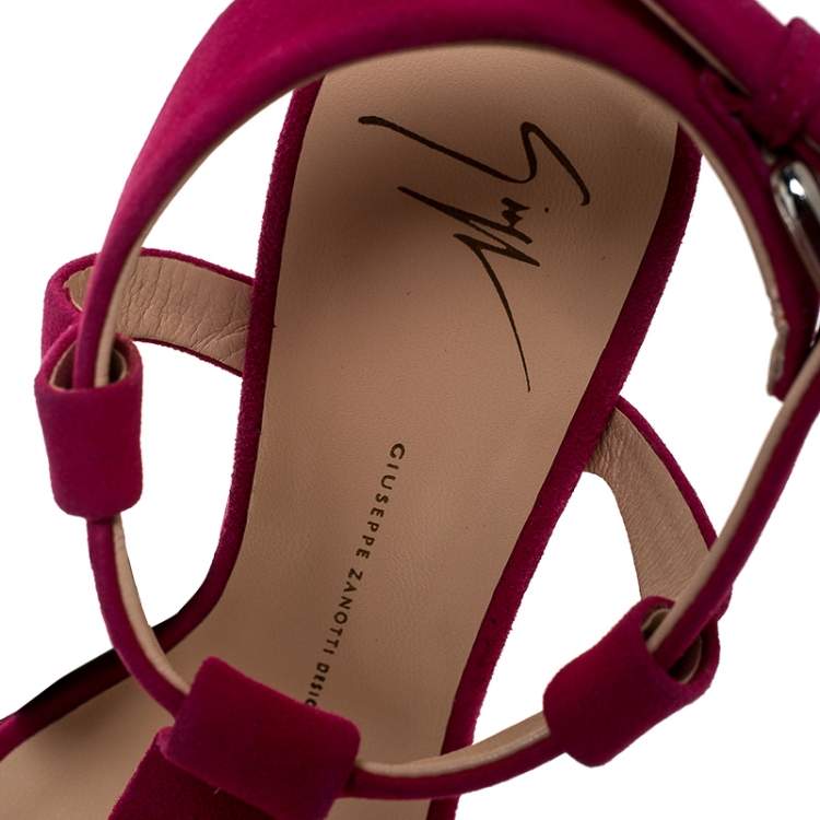 Pre Owned Giuseppe Zanotti Magenta Suede T Strap Sculpted Wedge Sandals Size 36.5